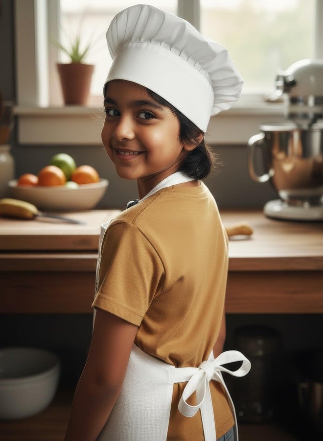 RUSTIQUE LINENS مريلة أطفال مقاومة للماء مع قبعة طاهٍ مجانية - 100% بوليستر وغشاء AQUAVENTISM™ يسمح بمرور الهواء | مقاومة للماء، سهلة التنظيف | للأعمار من 4 إلى 7 سنوات | مثالية للفنون والحرف اليدوية والطبخ | يونغ آند وايلد | أبيض - صغير - Image 2